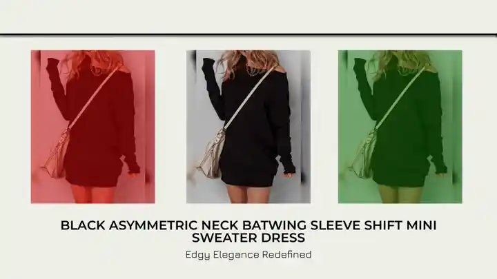 Black Asymmetric Neck Batwing Sleeve Shift Mini Sweater Dress by@Outfy