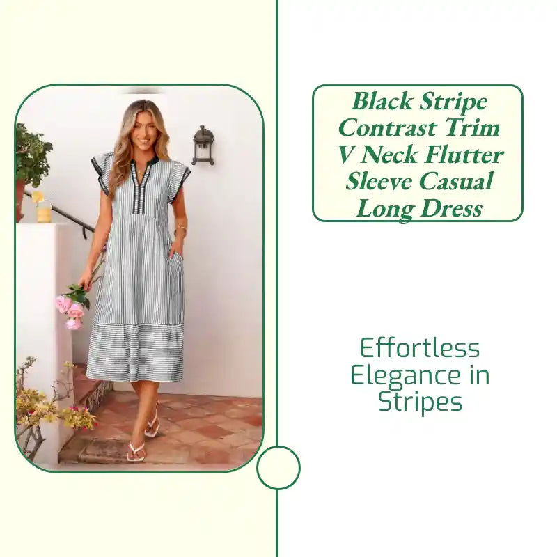 Black Stripe Contrast Trim V Neck Flutter Sleeve Casual Long Dress by@Outfy