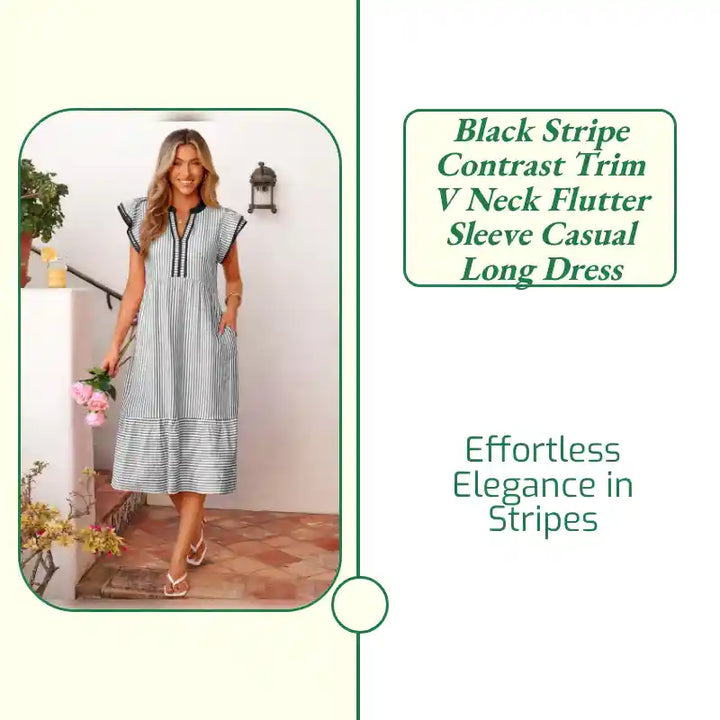 Black Stripe Contrast Trim V Neck Flutter Sleeve Casual Long Dress by@Outfy