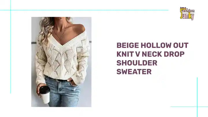 Beige Hollow Out Knit V Neck Drop Shoulder Sweater by@Outfy