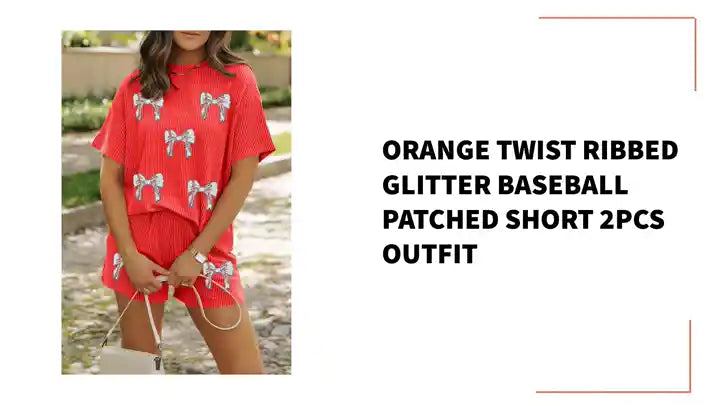 Orange Twist Ribbed Glitter Baseball Patched Short 2pcs Outfit by@Outfy
