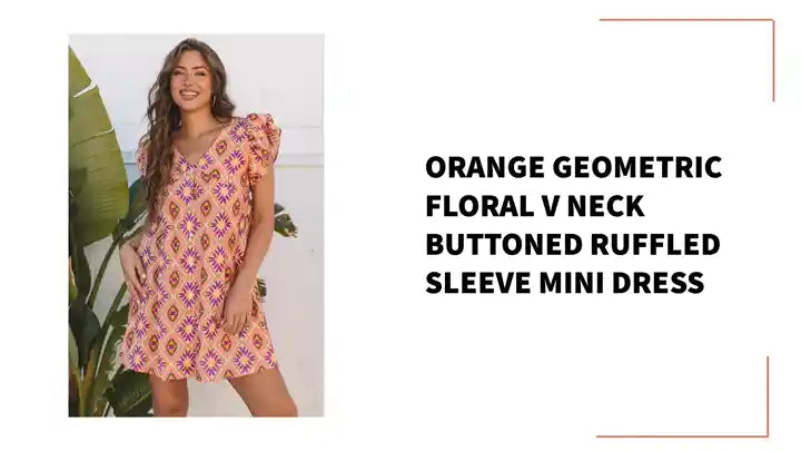 Orange Geometric Floral V Neck Buttoned Ruffled Sleeve Mini Dress by@Outfy