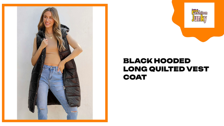 Black Hooded Long Quilted Vest Coat by@Outfy