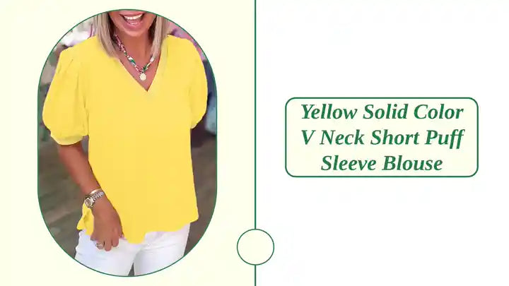 Yellow Solid Color V Neck Short Puff Sleeve Blouse by@Outfy