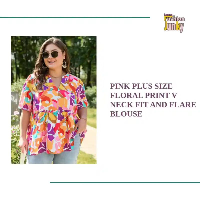 Pink Plus Size Floral Print V Neck Fit and Flare Blouse by@Outfy