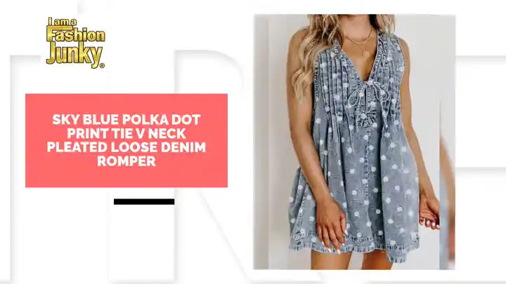 Sky Blue Polka Dot Print Tie V Neck Pleated Loose Denim Romper by@Outfy