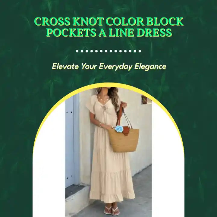 Cross Knot Color Block Pockets A Line Dress by@Outfy