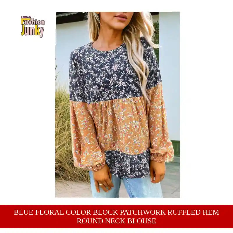 Blue Floral Color Block Patchwork Ruffled Hem Round Neck Blouse by@Outfy