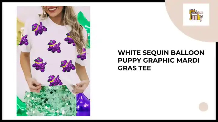 White Sequin Balloon Puppy Graphic Mardi Gras Tee by@Outfy