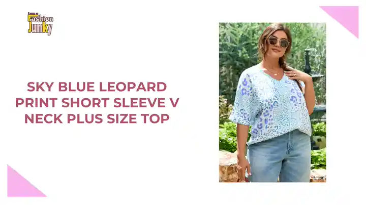 Sky Blue Leopard Print Short Sleeve V Neck Plus Size Top by@Outfy