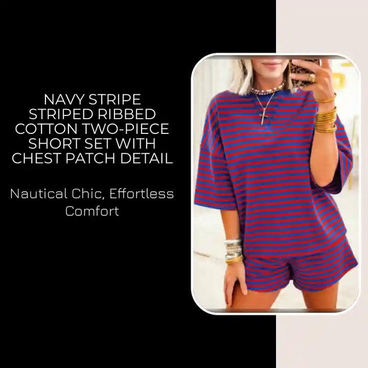 Navy Stripe Striped Ribbed Cotton Two-Piece Short Set with Chest Patch Detail by@Outfy