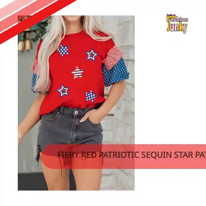 Fiery Red Patriotic Sequin Star Patched Stars and Stripes Contrast Sleeve Top by@Outfy