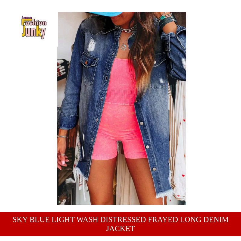 Sky Blue Light Wash Distressed Frayed Long Denim Jacket by@Outfy