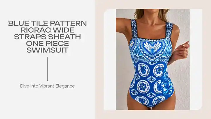 Blue Tile Pattern Ricrac Wide Straps Sheath One Piece Swimsuit by@Outfy