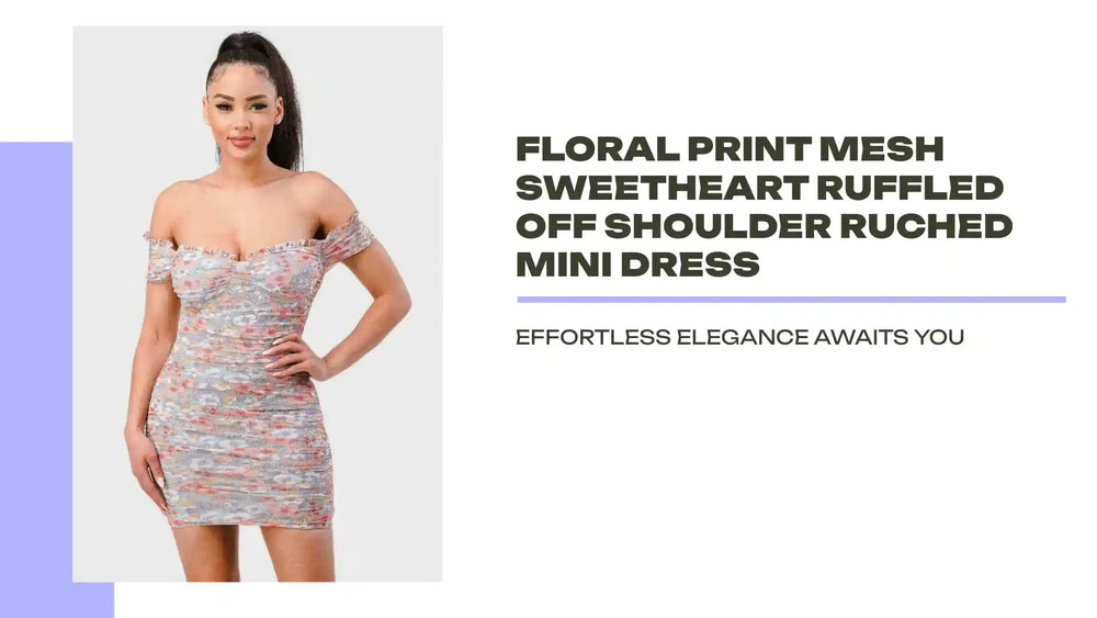 Floral Print Mesh Sweetheart Ruffled Off Shoulder Ruched Mini Dress by@Outfy