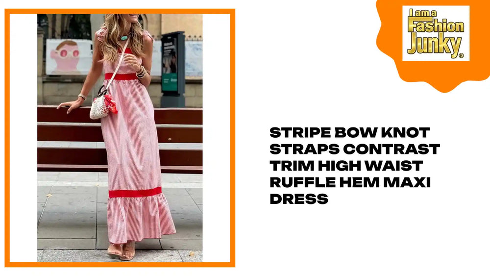 Stripe Bow Knot Straps Contrast Trim High Waist Ruffle Hem Maxi Dress by@Outfy