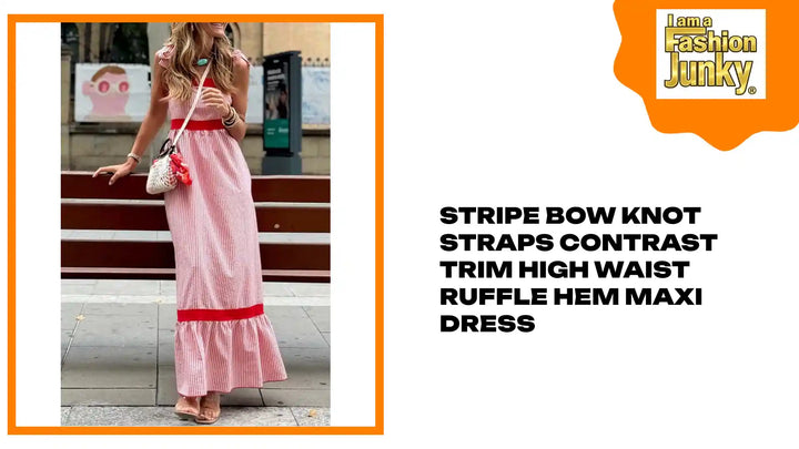 Stripe Bow Knot Straps Contrast Trim High Waist Ruffle Hem Maxi Dress by@Outfy