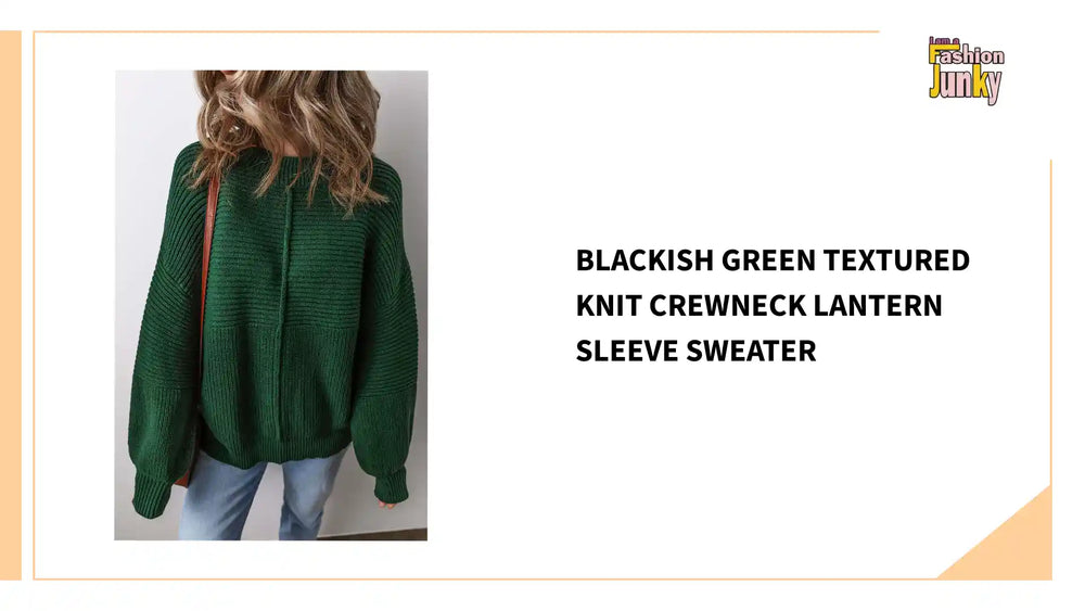 Blackish Green Textured Knit Crewneck Lantern Sleeve Sweater by@Outfy