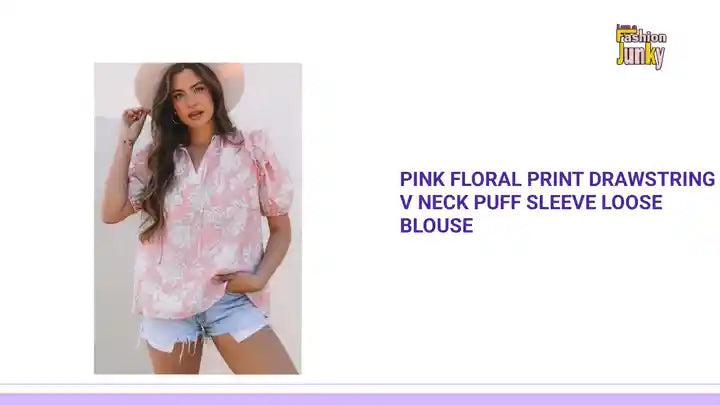 Pink Floral Print Drawstring V Neck Puff Sleeve Loose Blouse by@Outfy