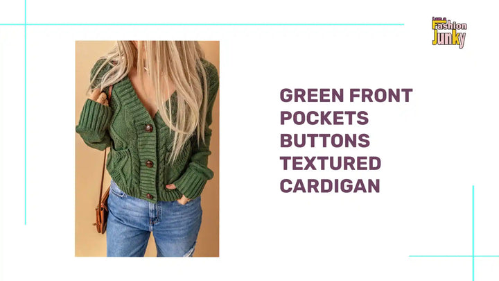 Green Front Pockets Buttons Textured Cardigan by@Outfy