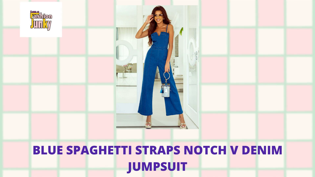 Blue Spaghetti Straps Notch V Denim Jumpsuit by@Outfy