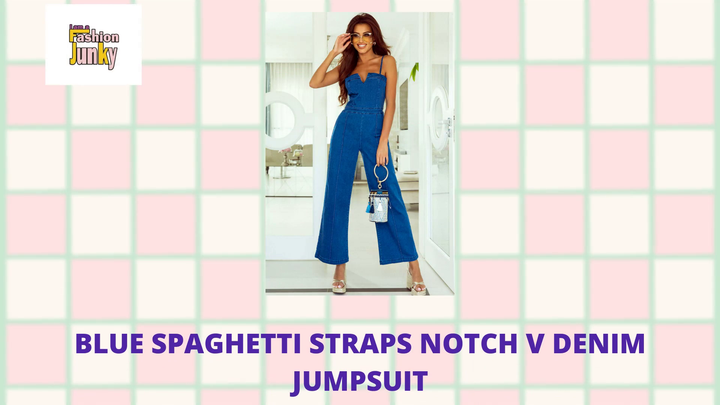 Blue Spaghetti Straps Notch V Denim Jumpsuit by@Outfy