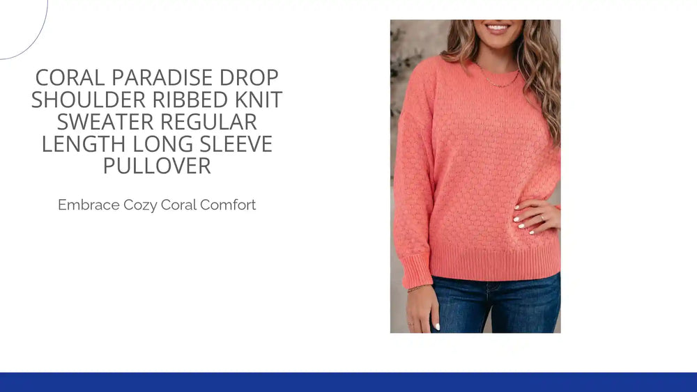 Coral Paradise Drop Shoulder Ribbed Knit Sweater Regular Length Long Sleeve Pullover by@Outfy