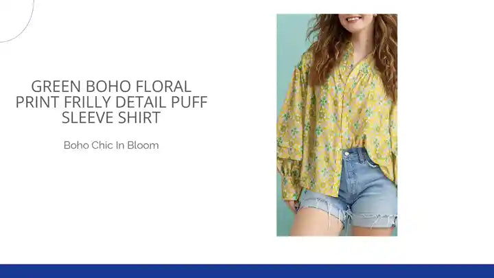 Green Boho Floral Print Frilly Detail Puff Sleeve Shirt by@Outfy