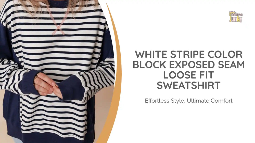 White Stripe Color Block Exposed Seam Loose Fit Sweatshirt by@Outfy