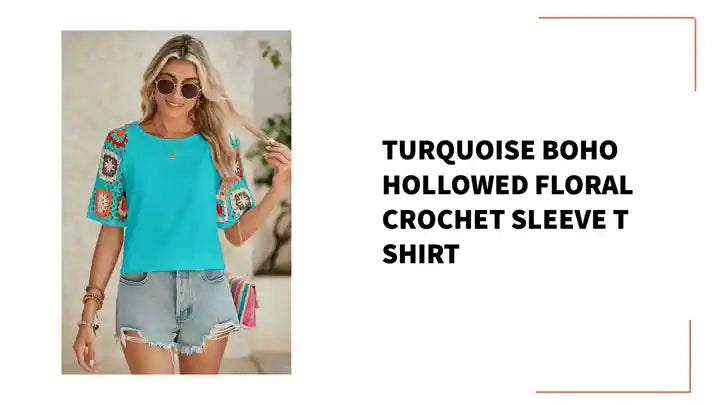 Turquoise Boho Hollowed Floral Crochet Sleeve T Shirt by@Outfy