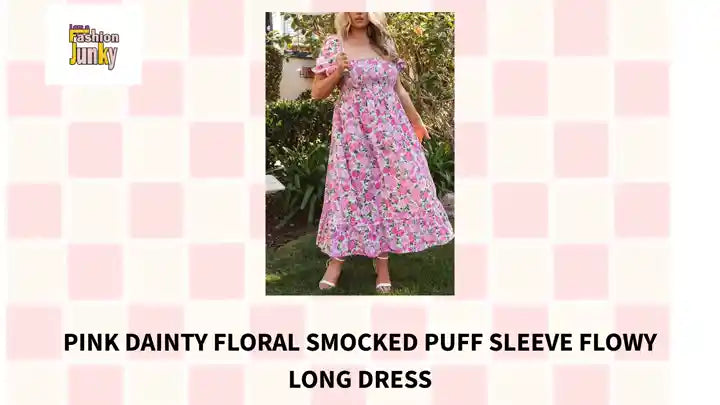 Pink Dainty Floral Smocked Puff Sleeve Flowy Long Dress by@Outfy