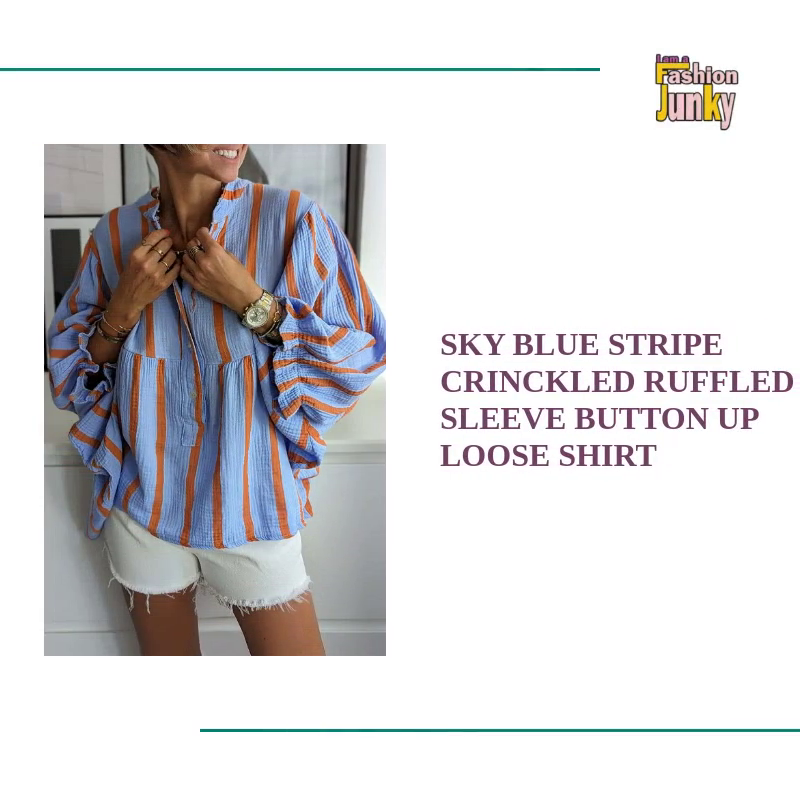 Sky Blue Stripe Crinckled Ruffled Sleeve Button up Loose Shirt by@Outfy