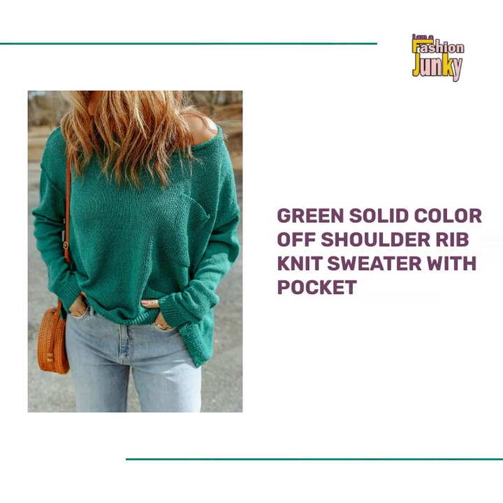Green Solid Color Off Shoulder Rib Knit Sweater with Pocket by@Outfy