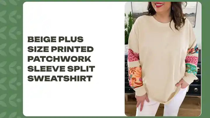 Beige Plus Size Printed Patchwork Sleeve Split Sweatshirt by@Outfy