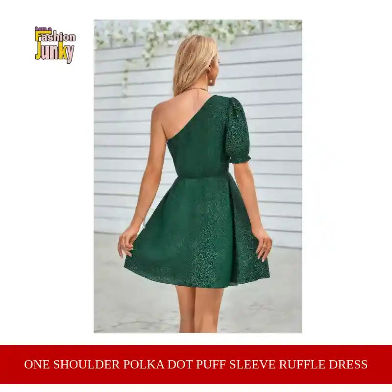 One Shoulder Polka Dot Puff Sleeve Ruffle Dress by@Outfy