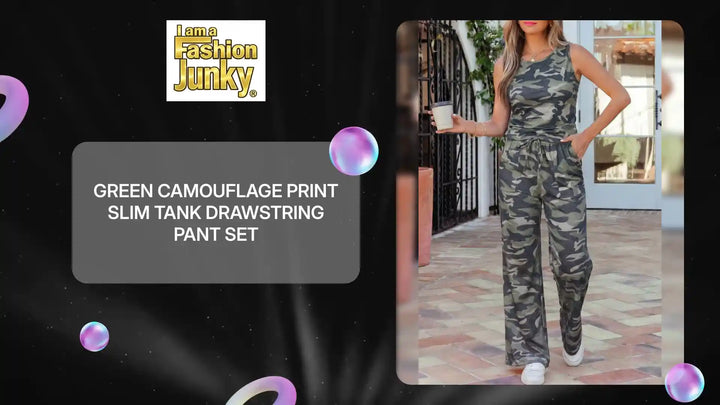 Green Camouflage Print Slim Tank Drawstring Pant Set by@Outfy