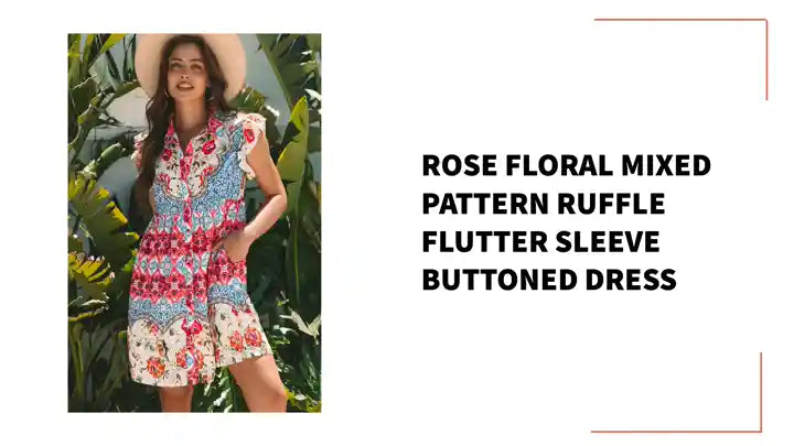 Rose Floral Mixed Pattern Ruffle Flutter Sleeve Buttoned Dress by@Outfy