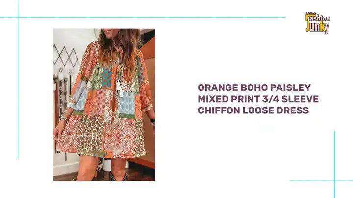 Orange Boho Paisley Mixed Print 3/4 Sleeve Chiffon Loose Dress by@Outfy