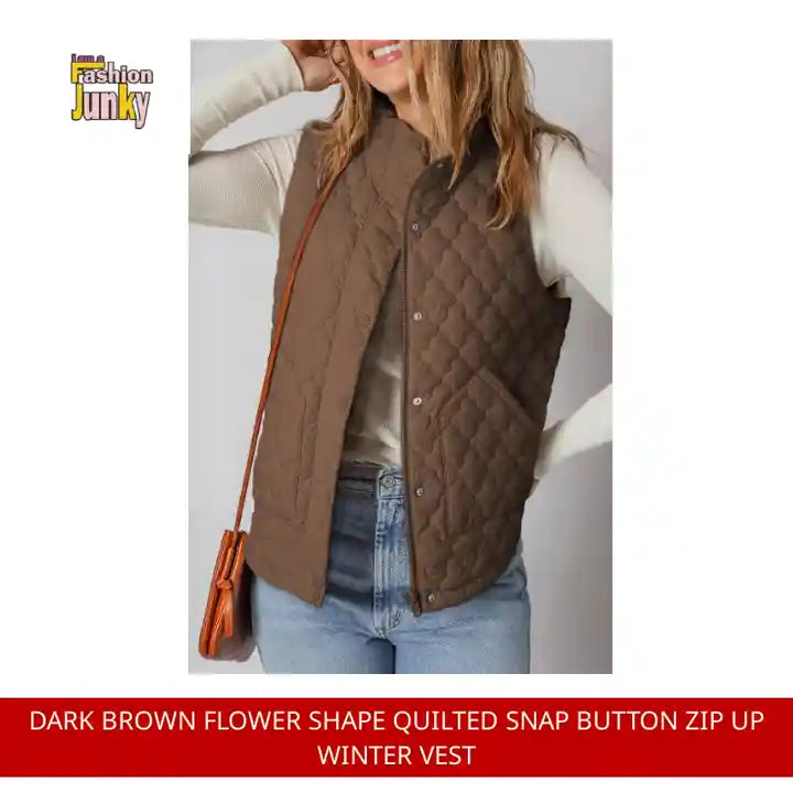 Dark Brown Flower Shape Quilted Snap Button Zip Up Winter Vest by@Outfy