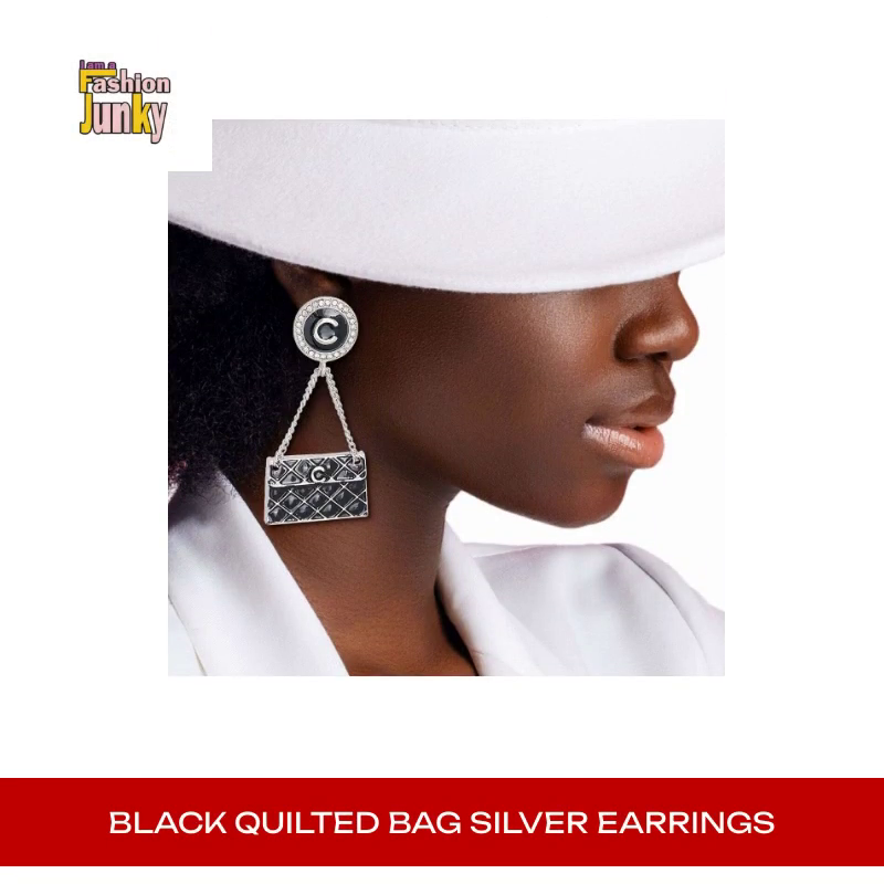 Black Quilted Bag Silver Earrings by@Outfy