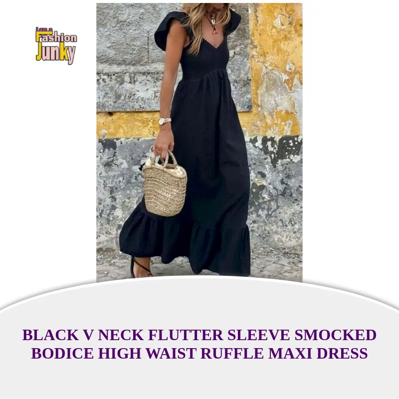 Black V Neck Flutter Sleeve Smocked Bodice High Waist Ruffle Maxi Dress by@Outfy