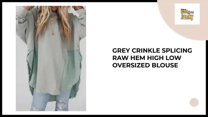 Grey Crinkle Splicing Raw Hem High Low Oversized Blouse by@Outfy
