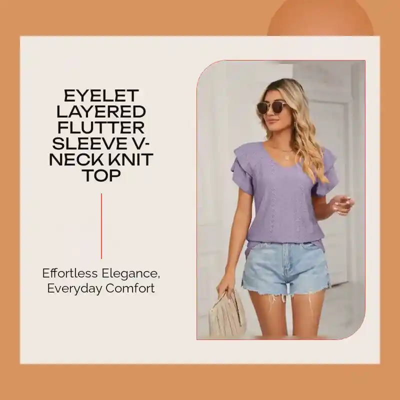 Eyelet Layered Flutter Sleeve V-Neck Knit Top by@Outfy