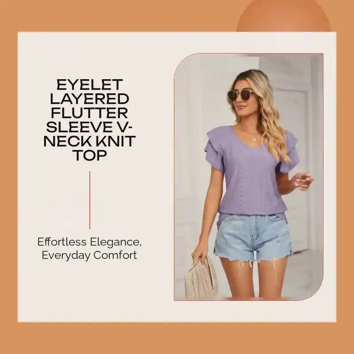 Eyelet Layered Flutter Sleeve V-Neck Knit Top by@Outfy
