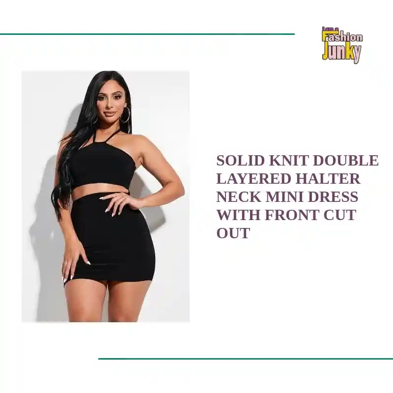 Solid Knit Double Layered Halter Neck Mini Dress With Front Cut Out by@Outfy