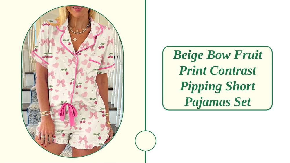 Beige Bow Fruit Print Contrast Pipping Short Pajamas Set by@Outfy