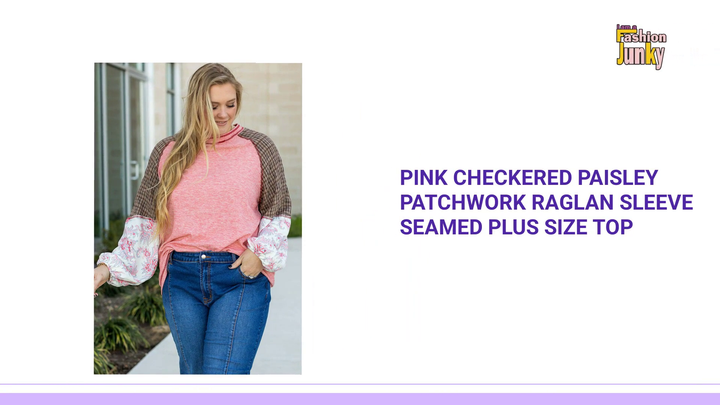 Pink Checkered Paisley Patchwork Raglan Sleeve Seamed Plus Size Top by@Outfy