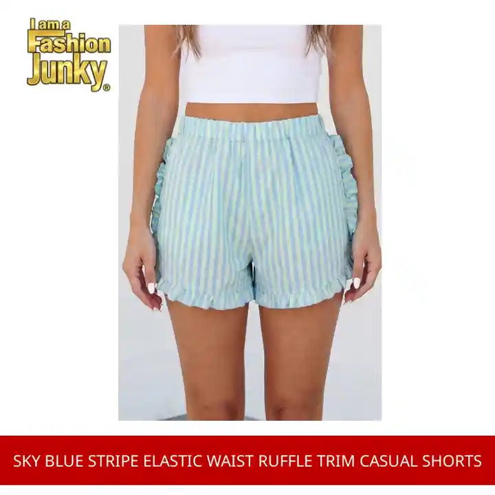Sky Blue Stripe Elastic Waist Ruffle Trim Casual Shorts by@Outfy