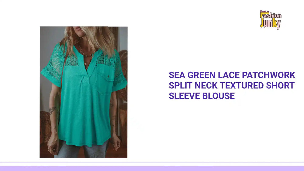 Sea Green Lace Patchwork Split Neck Textured Short Sleeve Blouse by@Outfy