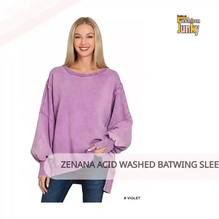 Zenana Acid Washed Batwing Sleeve Fleece Sweatshirt by@Outfy